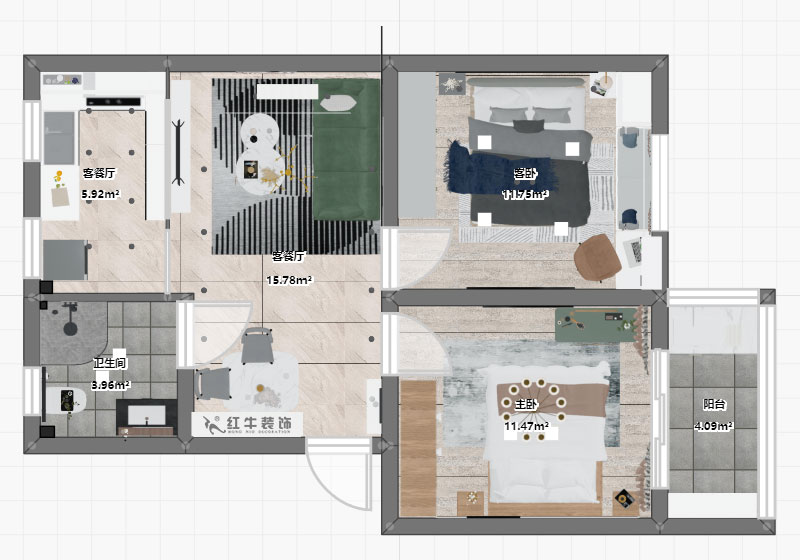 朱明琪｜旭光里57-4-407-69㎡-现代简约风格｜2室2厅1卫｜老房翻新｜定制家￥113520｜全包11万｜00_03平面彩图